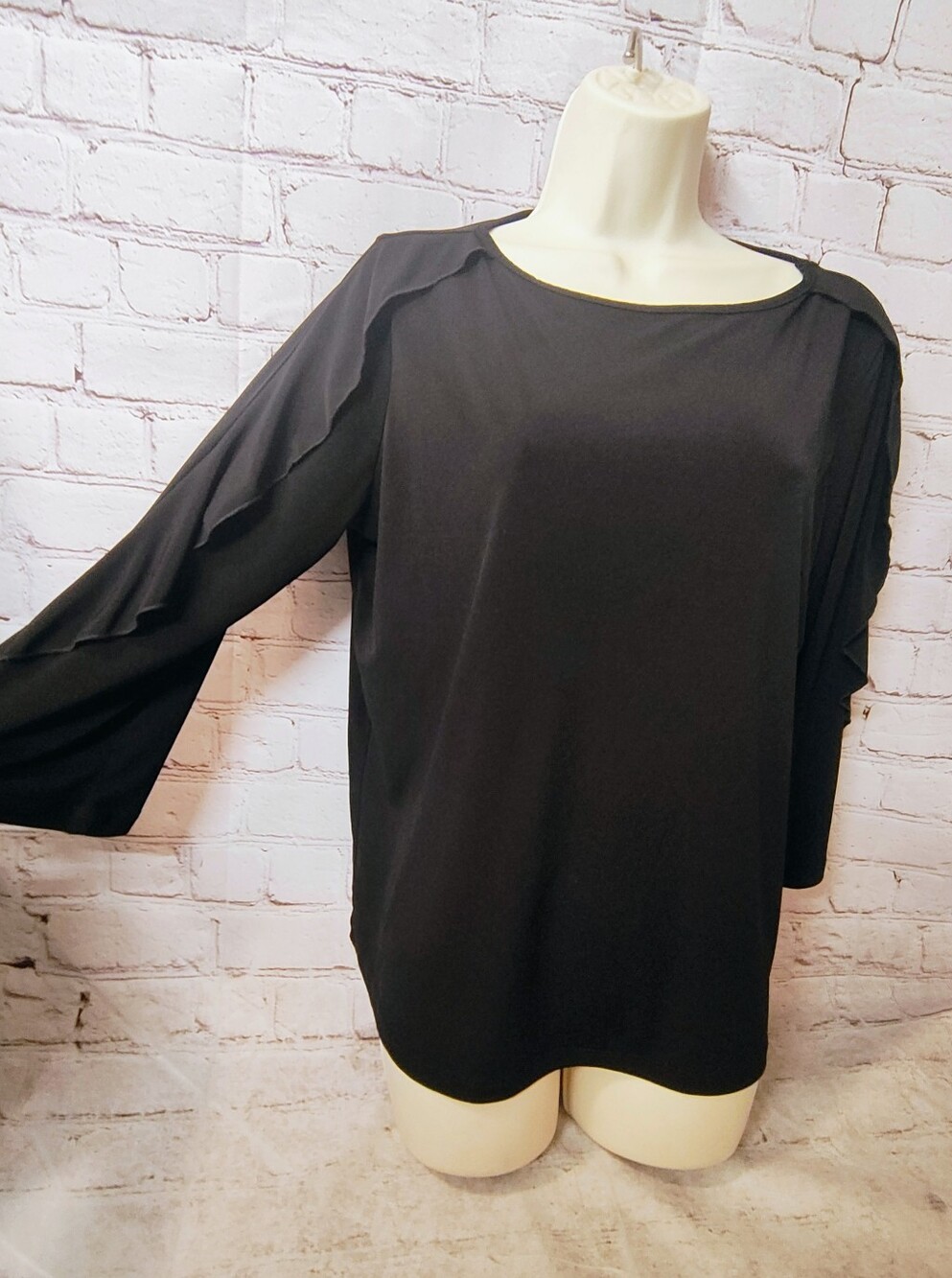 Clara Sun Woo Black Boho Flare Ruffle Trim Sleeve Flowy Stretch Tunic M